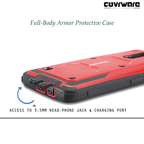 Covrware Aegis Series Case For Lg K7 / Tribute 5 / Escape 3 / Treasure/Phoenix 2, Heavy Duty Dual-Layer Full-Body W/Built-In Screen Protector Rugged Holster Armor Cover Belt Clip Kickstand, Red #TOP5