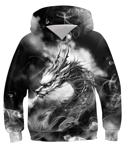 Image of TUONROAD Kids Novelty Fashion Hoodies 6-7 Years Boys Cool 3D Pattern Grey Dragon Pullover Sweatshirts for Little Boy's Long Sleeve Fall Winter Hooded Running Sport Clothing With Pocket for Vacation