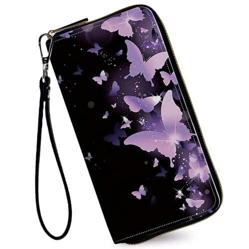 Image of Women's Wallets,Credit Card Holder Money Leather Long Wallet with Wristlet,Large Capacity with Zip-Around Phone Purse for Women Ladies Girls,Purple Butterfly