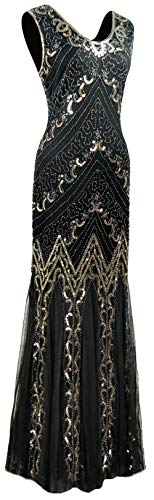 Image of Women Evening Maxi Long Dress 1920s Sequin Mermaid Hem Wedding Prom Gown Costume w / 20s Gatsby Accessories Set