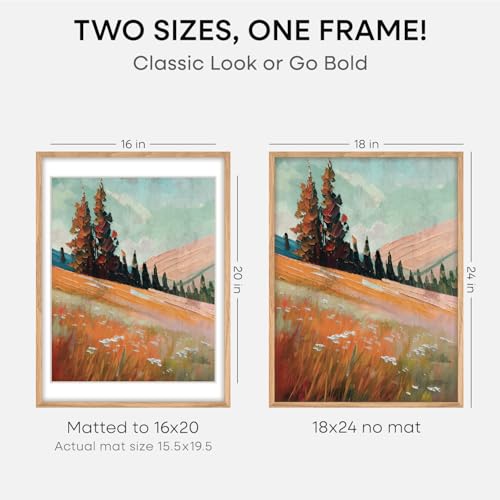 Image of Homeforia 18x24 Poster Frame Wood, High End Natural Oak 18x24 Light Wooden Picture Frame with Mat 16x20, 18 by 24 Frames Matted to 16 x 20 Photo, 24by18 Thin Frames, Tempered Glass, Wall Kit, Set of 1