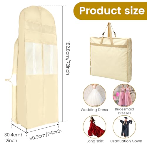 Portable Wedding Dress Garment Bag, 72” Tri-fold Bridal Dress Bags for Gowns, 3 Pockets Dress Cover for Women & Bride Tote Bag, Waterproof Dress Cover for Closet Wardrobe (Beige)2