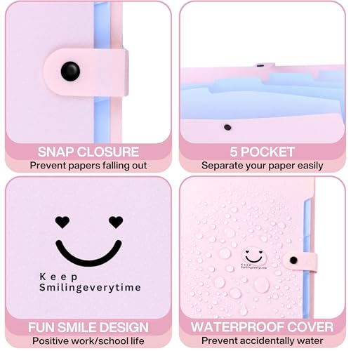 Image of SPS 5 Pocket Expanding File Folder Smile Design - Fits A4 & Letter Size Document Organizer, Accordion File Folders, File Holder for Office, Portable File Organizer, School & Home - Pastel Pink & Blue