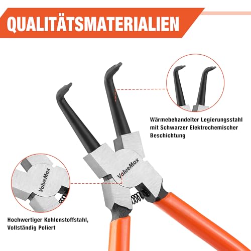 ValueMax Sprengringzangensatz 4tlg.,Sicherungsringzange Set 180mm mit Tasche, für Innen- und Außensicherungen, gerade, gebogen, Seegeringzangen