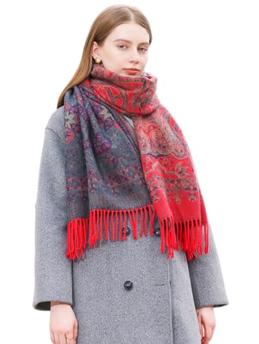 Wander Agio Warm Fashion Scarf Long Shawl Large Blanket Winter Wraps Scarves for Women Cashmere Jacquard Vintage Paisley Pattern Floral Red 5