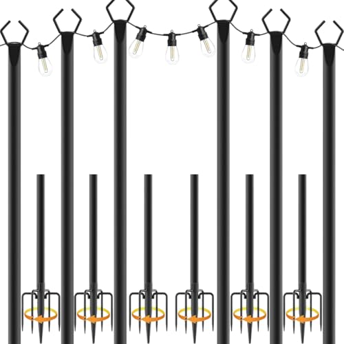 WUGCHDA 6 pezzi di pali per luci a catena con gancio da pastore, 3 m per esterni, pali in metallo con forcella per luci a catena da esterno, per esterni, terrazza, terrazzo