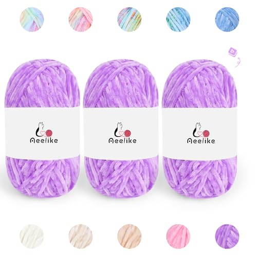 Image of Aeelike 3 Pack Chenille Yarn,Soft Polyester,Each 100g /10.5oz 197yds,Purple | 4 Medium Velvet Yarn,Easy for Beginners Crocheting Animal,with How to See Stitchs Tutorial Video,Ideal Crochet Craft Gift