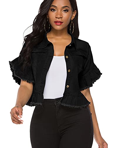 Suvimuga Women's Denim Jacket Button Down Distressed Ruffle Sleeve Crop Jean Jackets Coat