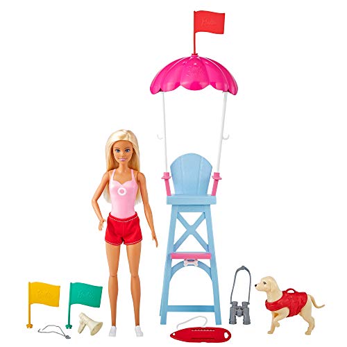 Barbie Socorrista Muñeca rubia con silla de vigilancia de playa de juguete, mascota y accesorios (Mattel GTX69)