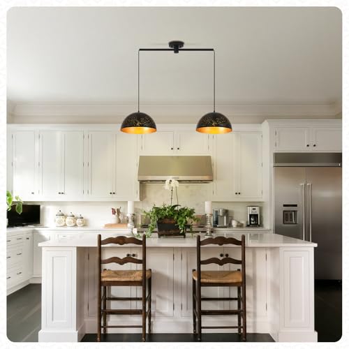 Image of 2-Light Black Linear Pendant Light, Metal Hanging Lamp Matte Finish