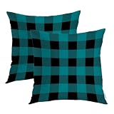 Batmerry Teal Buffalo Black Throw Pillow Covers,Turquoise Blue and Black Buffalo Plaid Decorative Pillow Covers Digital Printing Blended Fabric for Couch Sofa Bed Invisible Zipper 22X22 in