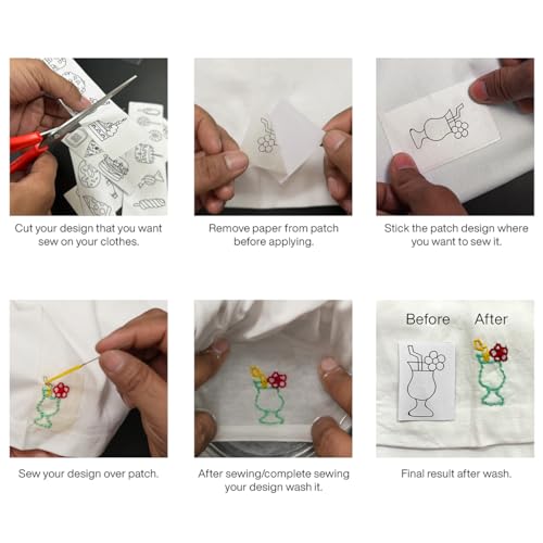 Image of Embroiderymaterial Stick and Stitch Embroidery Patches Patterns, Water Soluble Wash Away Embroidery Transfer Stabilizer Paper with Pre-Printed Designs, Threads, Needle & Cutter for Hand Sewing
