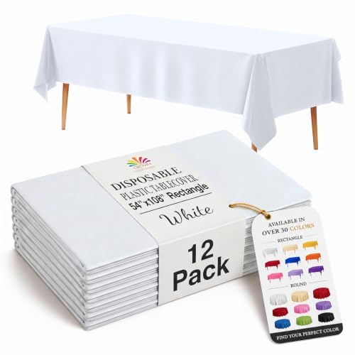 Exquisite 12-Pack Premium Plastic Tablecloth 54 Inch. x 108 Inch. Rectangle Table Cover-White