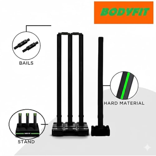 Image of Bodyfit Heavy Cricket Stumps | PVC Wickets Set with 4 Stumps + 2 Bails + 2 Stands | Full Size Wickets for Cricket Ground, Tournament Wicket Black-Green.