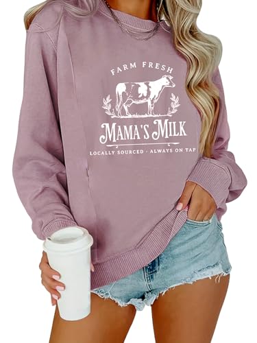 Image of Women Nursing Sweatshirts for Breastfeeding Zip Nursing Friendly Maternity Sweater Mama's Daily Farm Fresh Milk Pullover Tops
