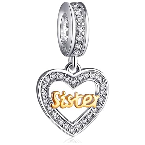 Sister Heart Pendant Charms, Fit Pandora Charm Bracelet/Necklace, 925 Sterling Silver Dangle 2 Tone Gold Plated Sister in Law CZ Beads, Gift for Big/Lil Sis/Christmas/Daughter Birthday Cover