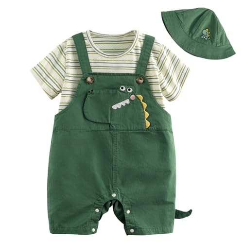 Volunboy Unisex Bebé Verano Conjunto, Casual Manga Corta T Shirt, Pantalones Cortos, Capucha 3 Piezas Traje Ropa(Dinosaurio Verde Oscuro，12 18 meses，Tamaño 80