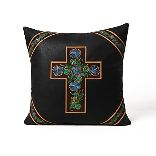 MOUSM Turquoise and Green Cross Pillow Cover, Top Grain Cow Leather, Black, Hand-Painted Floral Design Set of (1)