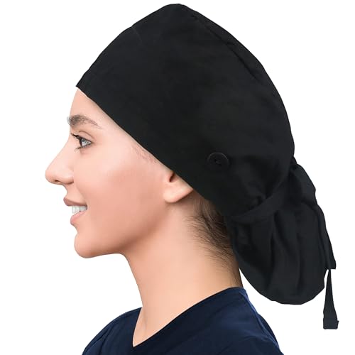 Scrub Cap for Women, Bouffant Nurse Cap with Sweatband and Buttons, Adjustable Surgical Hat for Curly Hair, Braids, Long Hair and Buns, Black