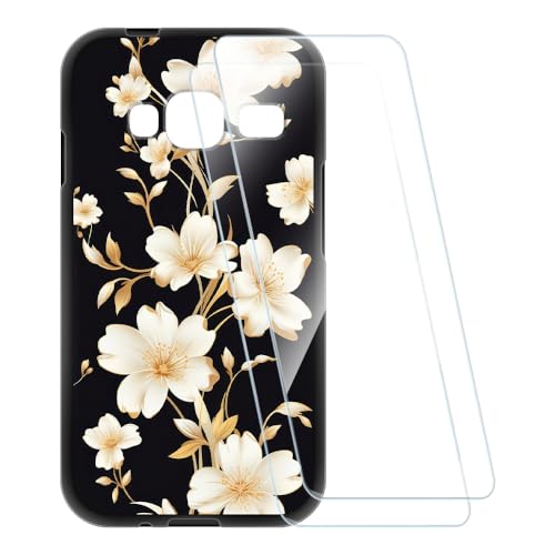 ESCAMOT Funda Estampada + 2 Protectores de Pantalla Vidrio Templado Compatible con Samsung Galaxy J1 Mini Prime, Carcasa Suave Antigolpes y Película HD (Flores Doradas)