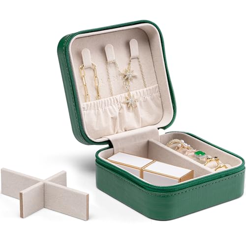 Vlando Small Faux Leather Travel Jewellery Box Organizer Display Storage Case for Rings Earrings Necklace without Mirror,Dark Green B.Necklace Green