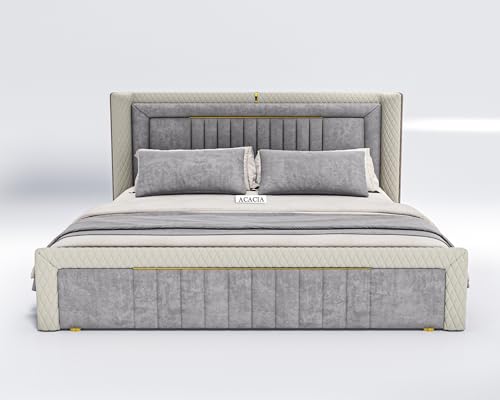 Image of Acacia Modern Upholstered King Size Bed with Box Storage for Bedroom | Wooden Double Bed with Storage | Platform Cot Bed with Upholstery Premium Fabric | 6.5 x 6 Ft | Sheesham Wood | Battleship Gray