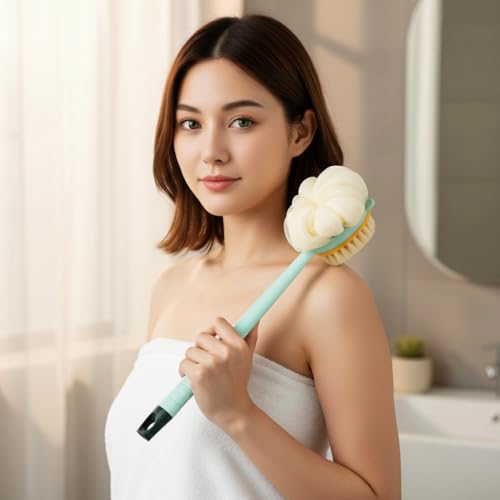 Image of MAYCREATE Long Handle Back Scrub Brush Double-Sided Bathing Tool for Shower | Double-Sided Exfoliation, Easy Reach for Back Care, Bath Puff Texture, Helps Remove Dead Skin During Shower Use