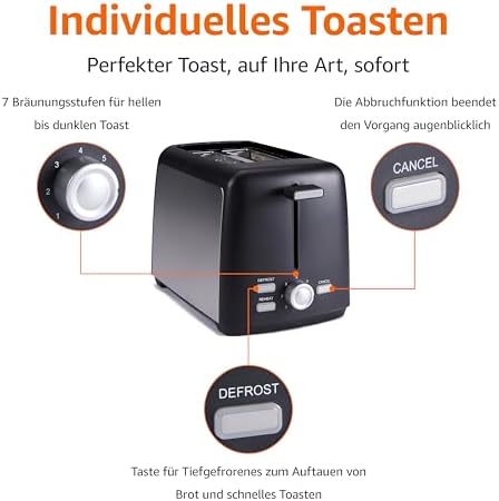 Bild 1 - Amazon Basics 2-Scheiben Toaster mit 7 Bräunungsstufen und Herausnehmbarer Krümelschublade, Extra Breite Schlitze, 800W, Schwarz