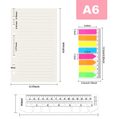2 Pack A6 Refill Paper, 80 Sheets/Pack, 2Pcs Binder Pockets A6 Size 6 Holes, 2 Pack 160 Pieces Neon Index Tabs, 1 Pcs Ruler Clear Page Marker, LEOBRO A6 6 Holes Refillable Lined Craft Paper Set