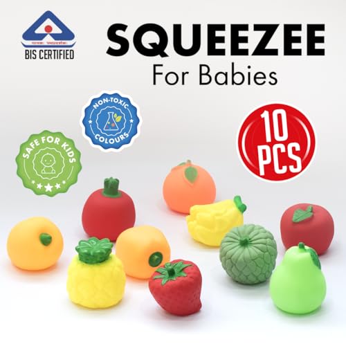 Image of Amazon Brand - Jam & Honey Baby Bath Toy Set of 10 for Toddlers I Colorful Combo of Fruit Set I Floating Bath Chuchu Toys (Multicolor)