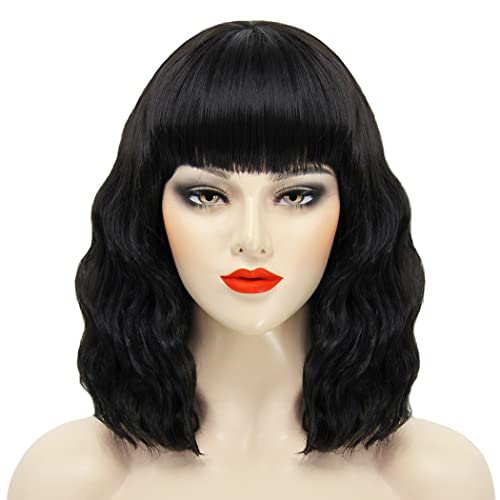 Juziviee Black Wigs for Women 13'' Short Wavy Curly Hair Wig with Bangs, Natural Synthetic Black Bob Wigs for Daily Party Halloween JZ001BK