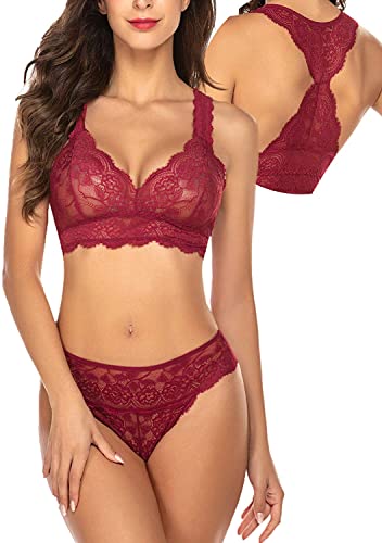 ELOVER Lace Racerback Bralette Set Sexy Underwear Set for Women Bride Lingerie Set Dark Red Medium