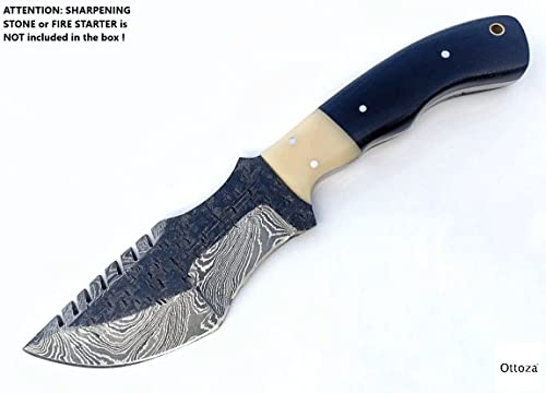 Ottoza Handmade Damascus Tracker Knife With Cow Horn + Bone Handle - Survival Knife - Camping Knife - Damascus Steel Knife - Damascus Hunting Knife With Sheath Horizontal Fixed Blade Knife No:203 #TOP3
