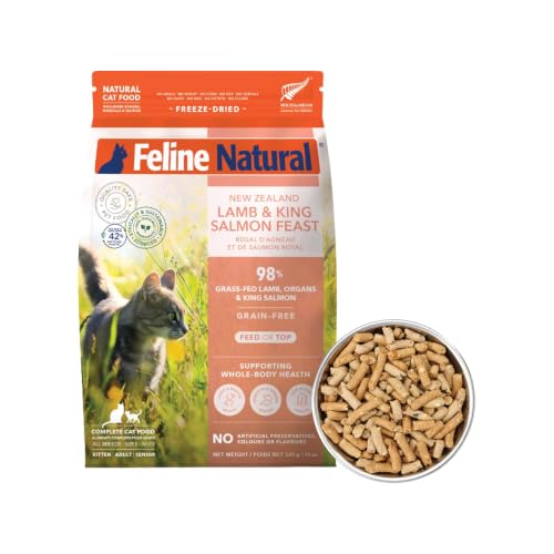 Feline Natural High Protein Dry Cat Food Freeze-Dried Diet with 98% Meat Organs & Seafood No Peas Grains or Artificial Additives Made in New Zealand Lamb & King Salmon 11oz