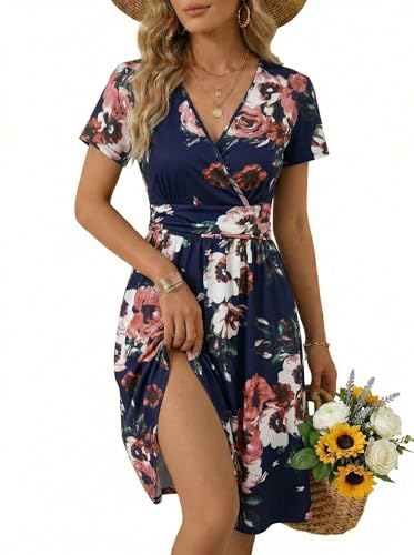 OUGES Casual Spring Summer Dress for Women 2026 Wrap V Neck A Line Midi Party Dresses with Pockets(FloralB,L)
