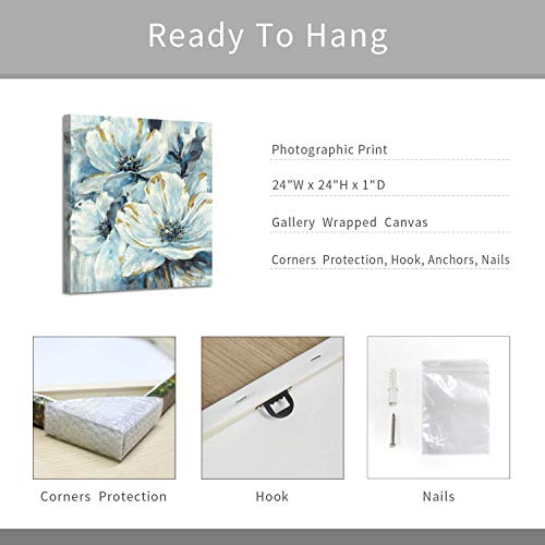 Artistic Path Abstract Floral Wall Art Picture: White & Blue Lily Painting With Blooming Petals Artwork On Canvas For Bedroom (24" W X 24" H,Multi-Sized) #TOP6