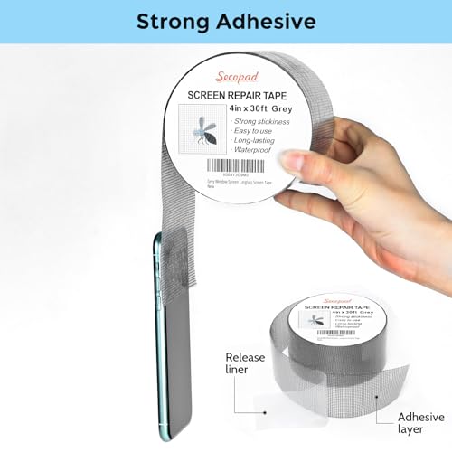 Secopad Grey Window Screen Repair Kit, 4 in X 30 FT (360IN) Screen Repair Tape for Windows or Doors, Strong Adhesive Fiberglass Mesh Patch Tape