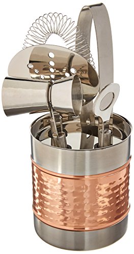Francois et Mimi Stainless Steel Cocktail Bar Tool Kit Set; Includes Ice Tongs, Double Jigger with Handle, Strainer, and Bar Key/Bottle Opener with Storage Rack