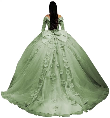 Long Sleeves Quinceanera Dresses with Bow Sweetheart XV Dresses 3D Floral Puffy Ball Gown YU011