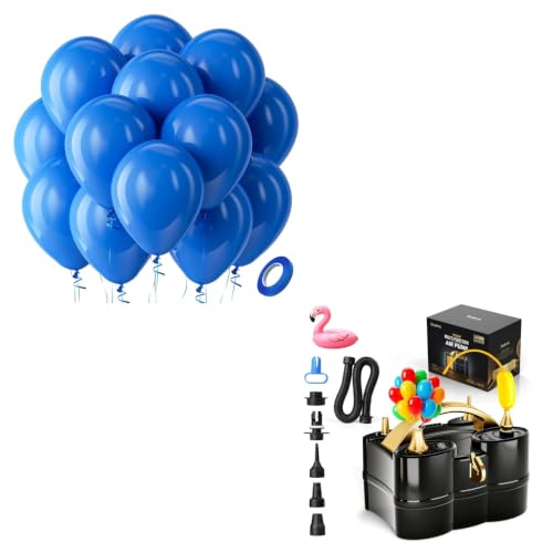 Image of Bezente Royal Blue Latex Party Balloons - 100 Pack 12 inch Round Helium Matte Dark Blue Balloons and Electric Balloon Pump Multiple