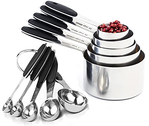 VOJACO Measuring Cups and Measuring Spoons, Measuring Cups and Spoons Set of 10 Pieces, Stainless Steel Measuring Cup Set for Dry Liquid Food, Metal Measure Cups for Kitchen Cooking Baking (Black)