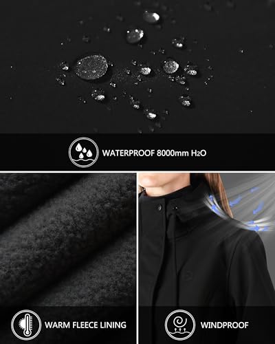 Outdoor Ventures Women's Lightweight Waterproof Fleece Lined Hooded Softshell Rain Jacket, Warm Windbreaker Long Coat3