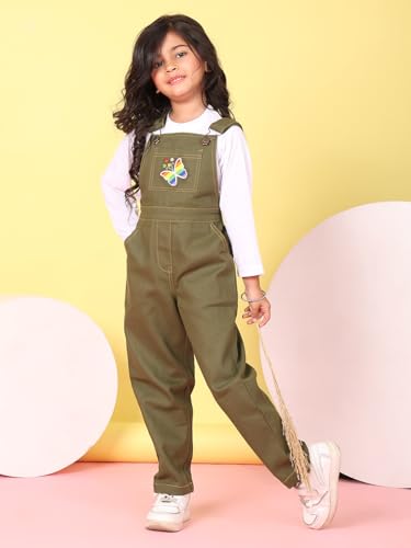 Image of superminis Girls Twill Dungaree with Full Sleeve T-Shirt Set Casual For Kids