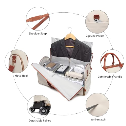 Image of FUOCO Carry On Travel Trolley Bag, PU Leather Mega Garment Duffle Bag for Women Men, Convertible Duffle Bag for Travel, 2 in 1 Hanging Suitcase Suit Traveling Bag 1 Year Warranty (White Tan)