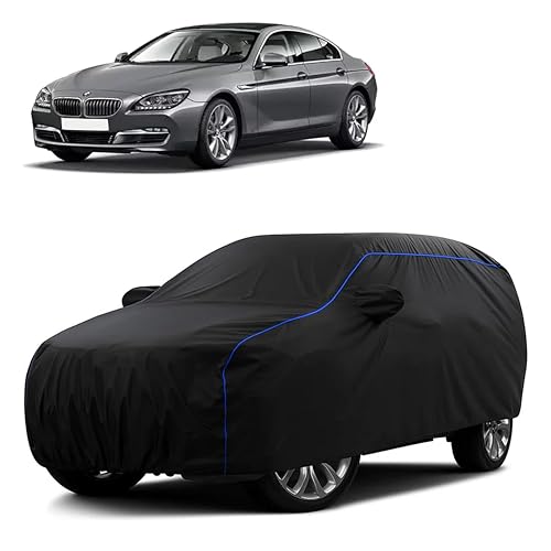 Image of Sulfar 100% Water Resistant Car Body Cover Compatible with Mirror for BMW 640D (Triple Stitched, Full Bottom Elastic, Black Tafetta with Blue Piping)
