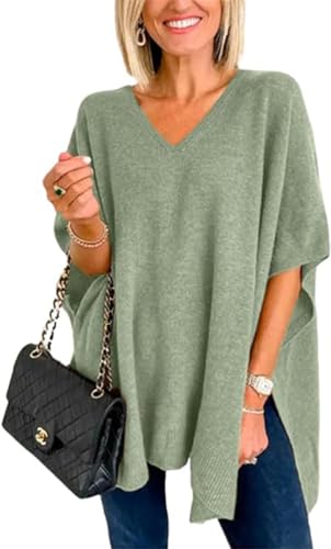 Apvirdy Womens Short Sleeve Sweater Poncho Sweaters V-Neck Pullover Shawl Loose Fitting Ponchos Wraps Baggy Oversized Tops