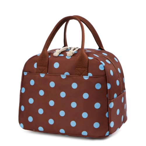 Image of LOVELYWIND Brown Blue Polka Dot Lunch Box For Women, Insulated Lunch Bag | Brown Lunch Bag With Blue Polka Dots; Cute Insulated Lunch Box Tote For Work, Travel, Beach, And Daily Meals.