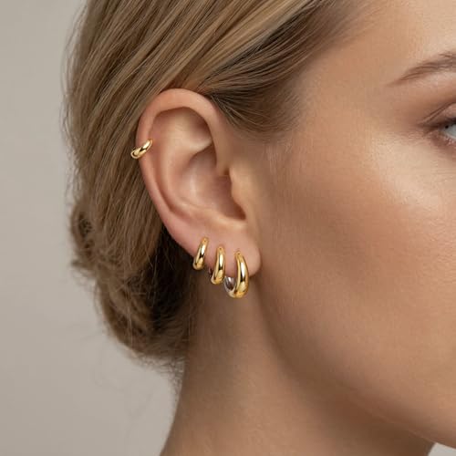 Image of Two Tone Gold Chunky Huggie Hoop Earrings Set for Women Men Hypoallergenic 14K Plated Stack Cartilage Earrings, Sterling Silver Multiple Piercing Lightweight Mini Thin Dainty Trendy Jewelry Gift