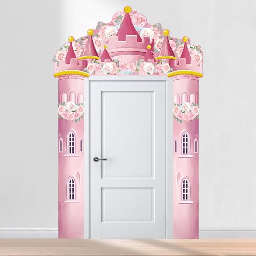 Image of Princess Castle Door Banner - 3PCS Pink Castle Backdrop with Floral Towers, Hanging Princess Photo Booth Backdrop for Girls Birthday Party Baby Shower Decorations