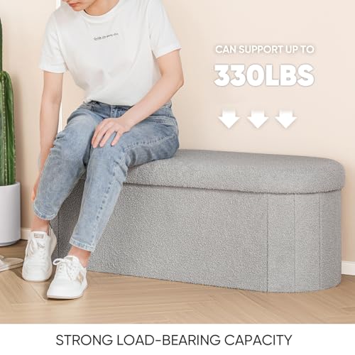 Image of B FSOBEIIALEO Ottoman with Storage for Living Room, Sherpa Folding Storage Ottoman Foot Rest, 43.3 Inches Collapsible Bedroom Bench Grey